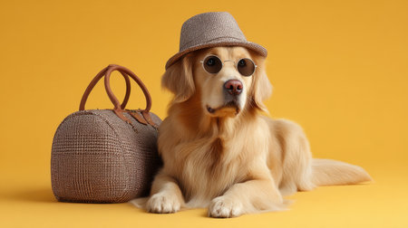 A fashionable golden retriever dog wearing sunglasses and a stylish hat poses beside a trendy bag on a bright yellow background, exuding charm and personality.の素材