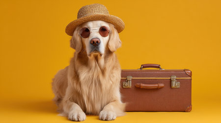 A charming golden retriever dog dons a straw hat and sunglasses, sitting beside a vintage suitcase, embodying summer travel vibes against a vibrant yellow background.の素材