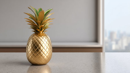 A stunning golden pineapple stands elegantly on a marble countertop, enhancing a modern interior space. The background features a soft cityscape, offering a luxurious feel.の素材