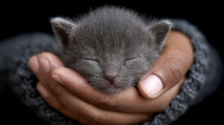 A close-up image showcases a cute gray kitten peacefully sleeping in a gentle hand. This scene captures warmth and tenderness, highlighting the bond between pets and owners.の素材