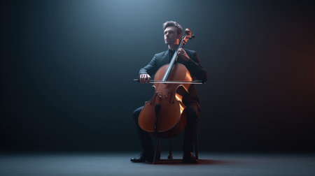 A talented musician sits in a dramatic pose, playing the cello with a deep focus, surrounded by soft shadows and artistic lighting, evoking powerful emotions.の素材