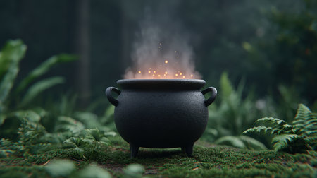 This enchanting image features a black cauldron exuding captivating smoke and sparks, surrounded by lush greenery in a serene forest.の素材