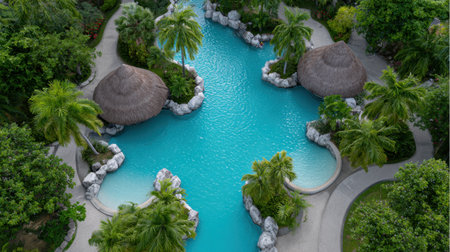 Experience tranquility in this stunning aerial view of a tropical resort pool, surrounded by lush palm trees and natural scenery, perfect for relaxation.の素材