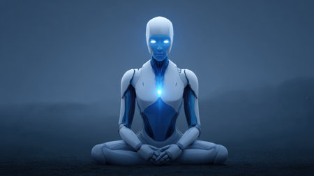 A striking humanoid robot sits in a meditative pose, illuminated by serene blue lights. This artwork embodies tranquility and advanced technology in a minimalistic environment.の素材