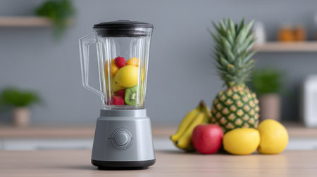 This image showcases a modern kitchen blender filled with assorted fresh fruits, including citrus and berries, set against a stylish kitchen background.の素材