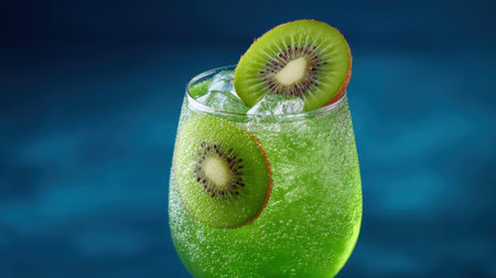 A vivid green kiwi drink filled with ice and adorned with fresh kiwi slices presents a refreshing and vibrant appearance perfect for summer enjoyment.の素材