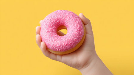 A delightful image showing a hand holding a pink frosted donut with colorful sprinkles against a bright yellow background, evoking joy and sweetness.の素材