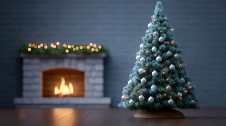 A cozy Christmas setting featuring a beautifully decorated tree with glowing lights and ornaments, next to a warm, inviting fireplace that radiates holiday cheer.の素材