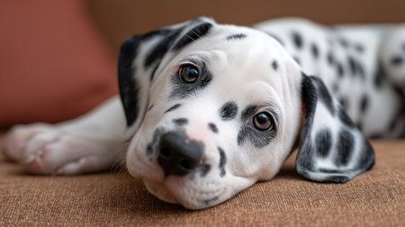 This charming Dalmatian puppy is peacefully resting on a soft couch, showcasing its unique fur pattern and expressive eyes, embodying playful innocence.の素材