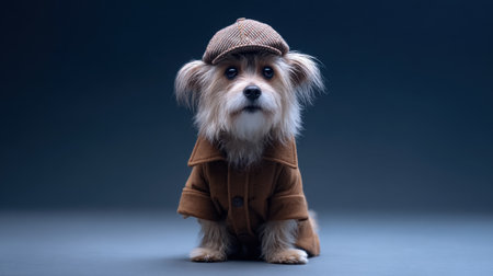 A delightful dog dressed in a vintage coat and cap, showcasing a charming personality against a dark, elegant background. This playful portrait captures the essence of style and cuteness in pets.の素材
