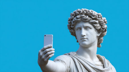 A stunning image of a classical statue holding a smartphone, taking a selfie against a vibrant blue background, merging ancient art and modern technology.の素材