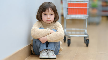 A young girl sits alone on the floor of a grocery store aisle, hugging her knees and displaying a sad expression, evoking feelings of loneliness and boredom.の素材