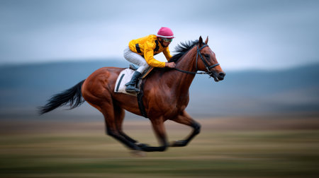 A dynamic image capturing a galloping racehorse and its jockey in a bright yellow jacket. The scene conveys speed, energy, and the thrill of competitive racing in nature.の素材
