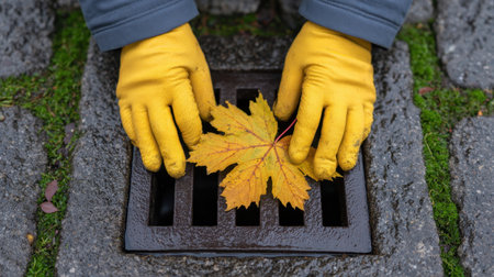 A person wearing yellow gloves carefully places a vibrant fallen leaf on a metal drain cover, emphasizing the connection between nature and urban spaces.の素材