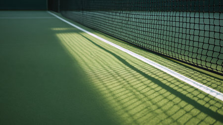 A serene view of a tennis court featuring a net casting intricate shadows on the vibrant green surface. Ideal for sports and recreation themes.の素材