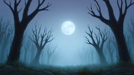 A captivating moonlit forest scene with bare trees silhouetted against a foggy night sky, evoking a sense of mystery and tranquility. Ideal for various creative projects.の素材