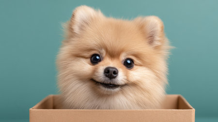 A charming and fluffy pomeranian puppy with a delightful expression sits inside a cardboard box. The soft teal background adds a playful touch, making this image perfect for showcasing joy and companionship in pets.の素材