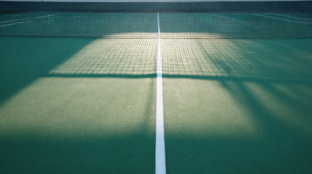 A serene and abstract view of a tennis court featuring a net casting shadows on a vibrant green surface, creating a peaceful sports environment.の素材