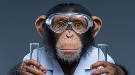 A comical depiction of a monkey wearing safety goggles in a laboratory setting, holding test tubes. This image conveys themes of science, curiosity, and playful imagination.の素材