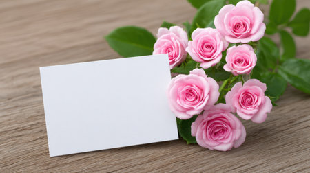 A charming arrangement of soft pink roses beside a blank card on a rustic wooden surface, symbolizing love, appreciation, and thoughtful gestures for various occasions.の素材