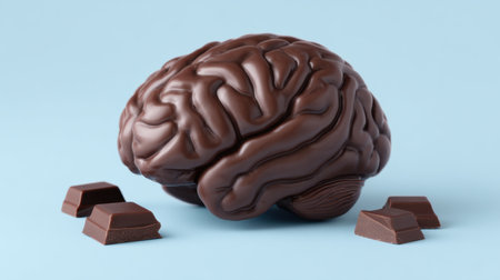 A whimsical chocolate brain model radiates creativity and indulgence, surrounded by chocolate chunks against a soft blue backdrop, perfect for imaginative concepts.の素材