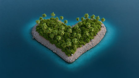 A stunning aerial view of a heart-shaped island featuring lush palm trees surrounded by vibrant blue waters, creating a serene tropical oasis perfect for getaway.の素材