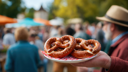 A vibrant scene capturing freshly baked soft pretzels served on a plate, surrounded by smiling people enjoying an outdoor festival atmosphere.の素材