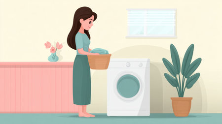 This flat design illustration showcases a young woman performing laundry in a bright, modern interior. The scene features a washing machine and houseplants, highlighting domestic chores in a cheerful and organized setting.の素材