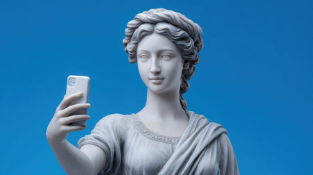 This striking image features a marble statue of a woman taking a selfie, embodying a blend of classic artistry and modern technology against a bright blue background.の素材