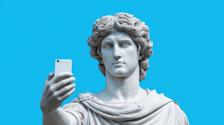 This unique image features a classical statue capturing a selfie with a smartphone against a bright blue background, merging ancient art with modern technology.の素材