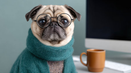 This adorable pug dog, dressed in a stylish sweater and glasses, adds a charming touch to any home office setup while enjoying a cozy coffee break.の素材