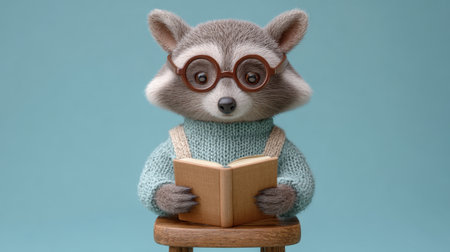 This charming illustration features a raccoon wearing stylish glasses and a cozy sweater, engrossed in reading a small book while seated on a stool.の素材