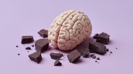 This imaginative image features a realistic brain model artfully placed among chocolate pieces on a soft purple background, blending creativity with a whimsical twist on brain food.の素材