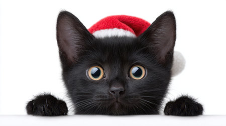 A cute black cat wearing a Santa hat peeks over a white surface with big, curious eyes, perfect for capturing the holiday spirit and joy.の素材