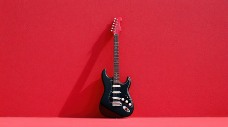 A striking black electric guitar stands alone against a vivid red backdrop, symbolizing creativity and musical passion for artists and designers.の素材