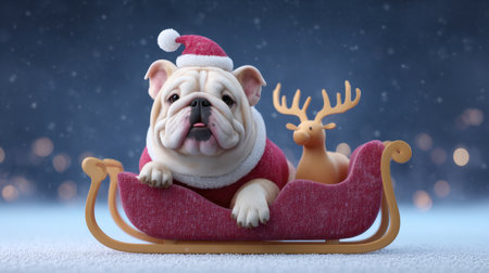 Adorable bulldog dressed as Santa, seated in a festive sleigh with a reindeer toy, creating a joyful holiday ambiance with sparkling snowy lights.の素材