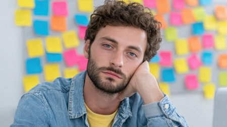 A thoughtful young man with curly hair rests his head on his hand in a vibrant creative workspace, surrounded by colorful sticky notes. His expression reflects contemplation and focus, capturing a moment of inspiration or distraction in a modern office setting.の素材