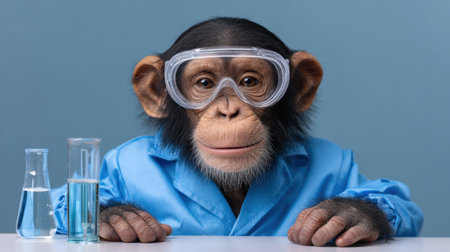 A cute chimpanzee dressed in a blue lab coat and glasses sits at a laboratory table. The setting is playful, with glassware, inviting curiosity about science and exploration.の素材