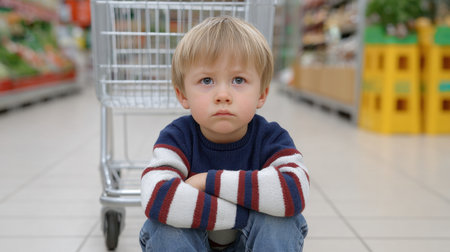 A young boy sits on the floor of a grocery store, leaning against a shopping cart. His thoughtful, sad expression highlights the moments of childhood contemplation.の素材
