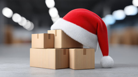 A charming scene featuring stacked cardboard boxes adorned with a festive Santa hat, set in a cozy warehouse. Perfect for holiday delivery themes.の素材