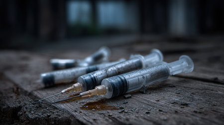 This close-up image captures abandoned syringes scattered on a rustic wooden surface, highlighting themes of addiction and urban decay in a dark environment.の素材
