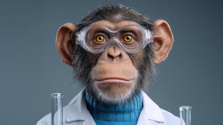 A whimsical depiction of a monkey dressed as a scientist, wearing safety goggles and a lab coat, surrounded by test tubes in a laboratory environment.の素材