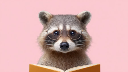 This adorable raccoon wearing glasses and reading a book evokes joy and curiosity. It is perfect for educational content, whimsical designs, and playful themes.の素材