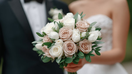 A stunning wedding bouquet featuring soft pastel roses and classic white tulips complemented by fresh greenery, creating a romantic and elegant display.の素材