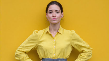 A confident young woman stands against a vibrant yellow background, showcasing a stylish yellow shirt. Her relaxed posture and serene expression highlight her individuality and charm.の素材