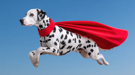 A spirited Dalmatian dog dons a vibrant red cape, soaring through the air against a bright blue sky. The image captures the essence of playfulness and imagination.の素材