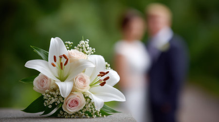 This stunning wedding image features a close-up of a beautiful bouquet filled with lilies and roses, with a blurred romantic couple in the backdrop.の素材