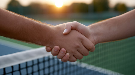 Two hands shake firmly in a moment of agreement on a tennis court during a beautiful sunset, symbolizing trust and sportsmanship in sports.の素材