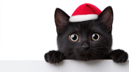 This delightful image features a curious black cat wearing a Santa hat, peeking over a white surface. Perfect for holiday themes and festive celebrations.の素材
