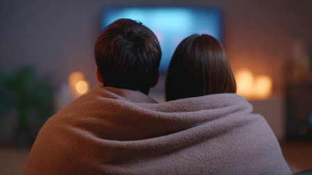 A couple cuddles under a soft blanket, enjoying a cozy movie night in a dimly lit room filled with warm light, showcasing togetherness and intimacy.の素材
